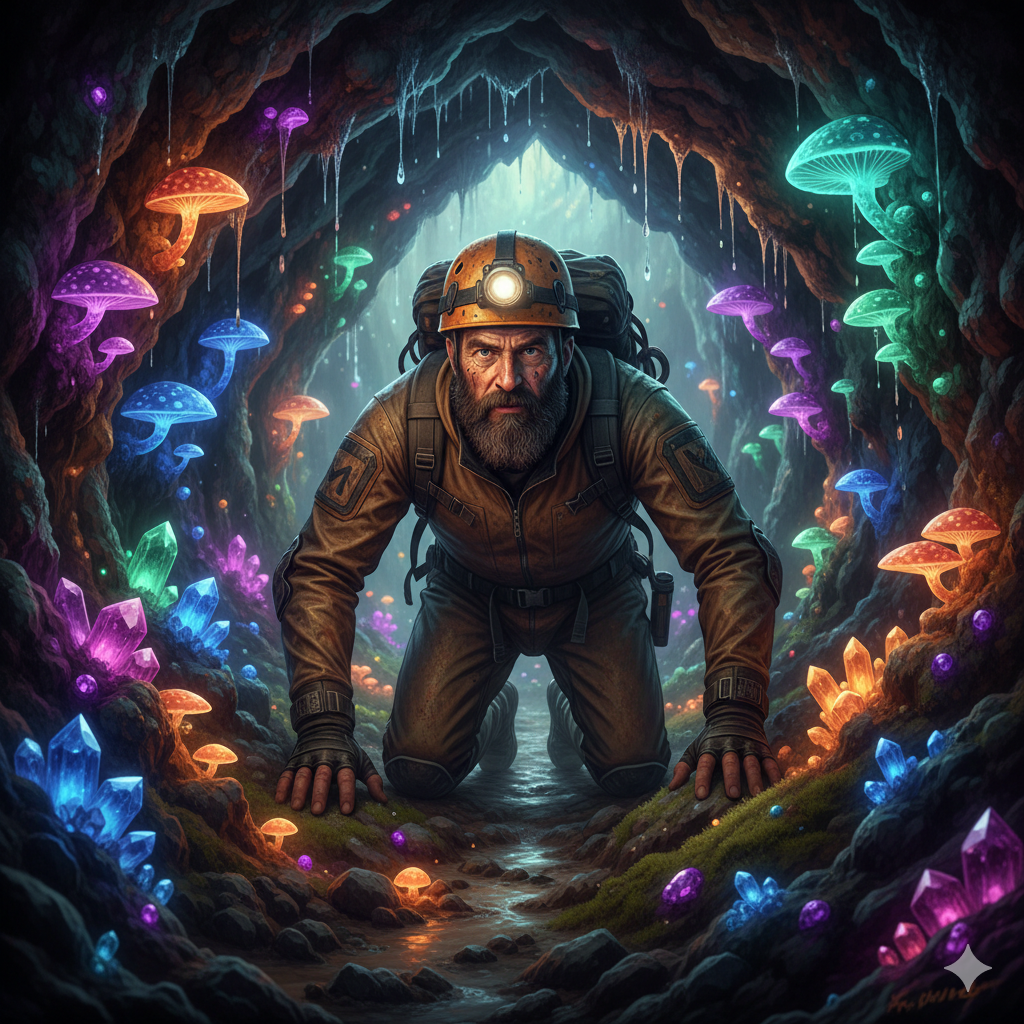 Rugged man spelunking in a cave filled with gems (good SQL) and mushrooms (bad SQL)